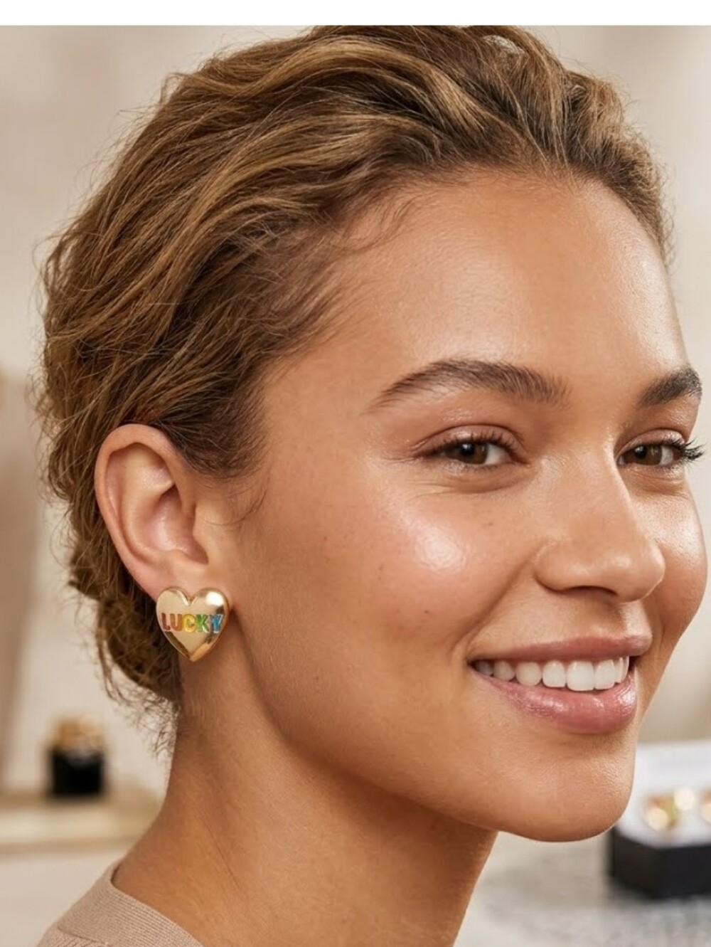 BaubleBar Gold Heart Earrings with Colorful 'Lucky' Design